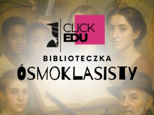 Obrazek przedstawia różnych bohaterów literackich. W środku obrazka widnieje logo strony oraz napis ,,biblioteczka ósmoklasisty".